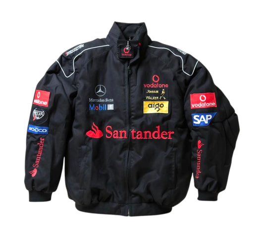Black jacket with various logos on a white background