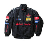 Black jacket with various logos on a white background