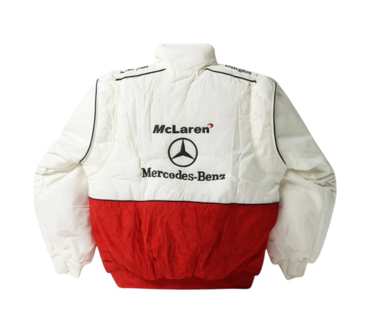 White and red jacket with McLaren and Mercedes-Benz logos on a white background