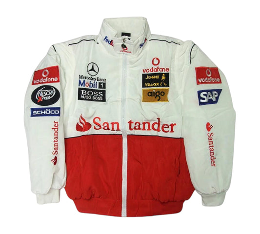 White and red racing jacket with various sponsor logos on a white background