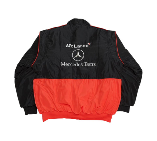 Black and red jacket with McLaren and Mercedes-Benz logos on a white background