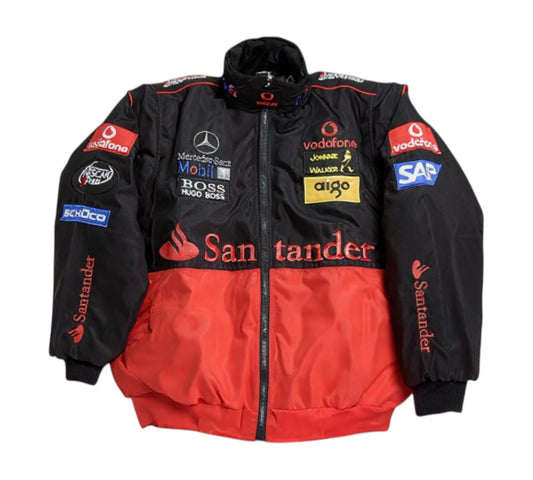 Black and red racing jacket with various sponsor logos on a white background