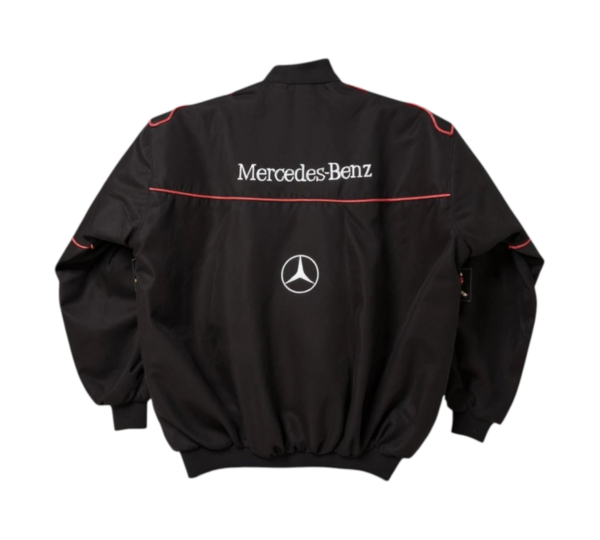 Black Mercedes-Benz jacket with logo on a white background
