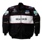 Black and white jacket with various logos on a white background