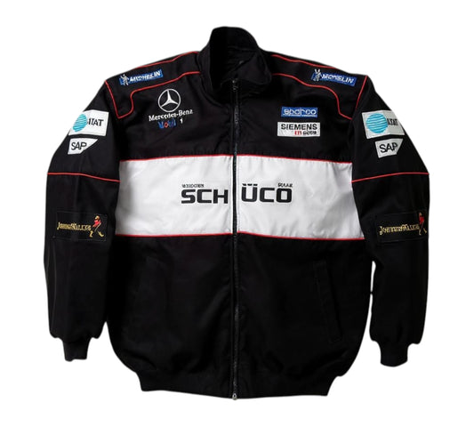 Black and white jacket with various logos on a white background