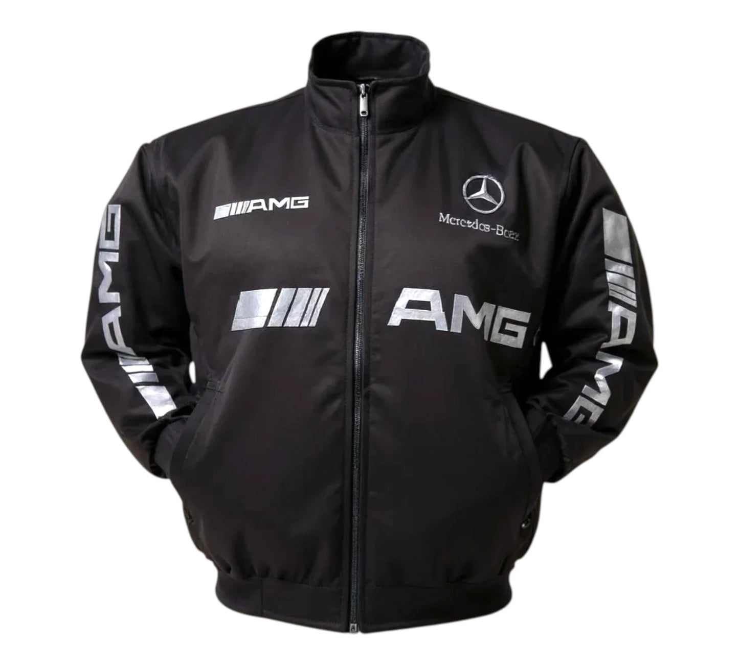 Black jacket with Mercedes-AMG logos on a white background