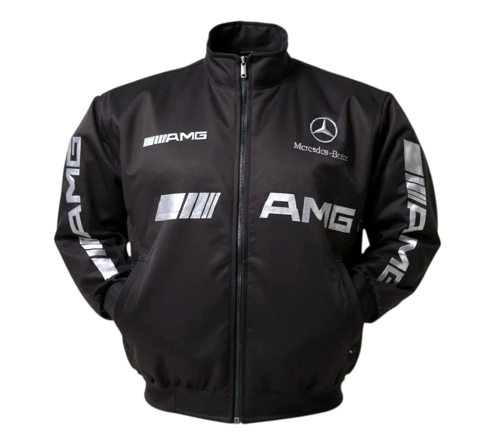 Black jacket with Mercedes-AMG logos on a white background