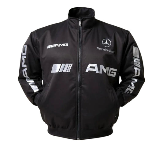 Black jacket with Mercedes-AMG logos on a white background