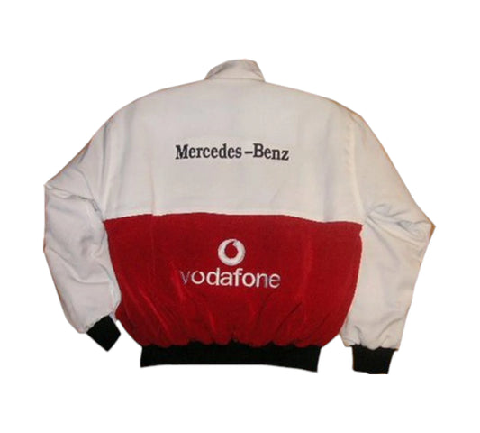 White and red jacket with Mercedes-Benz and Vodafone logos on a white background