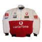 White and red jacket with various sponsor logos on a white background