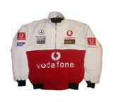 White and red jacket with various sponsor logos on a white background