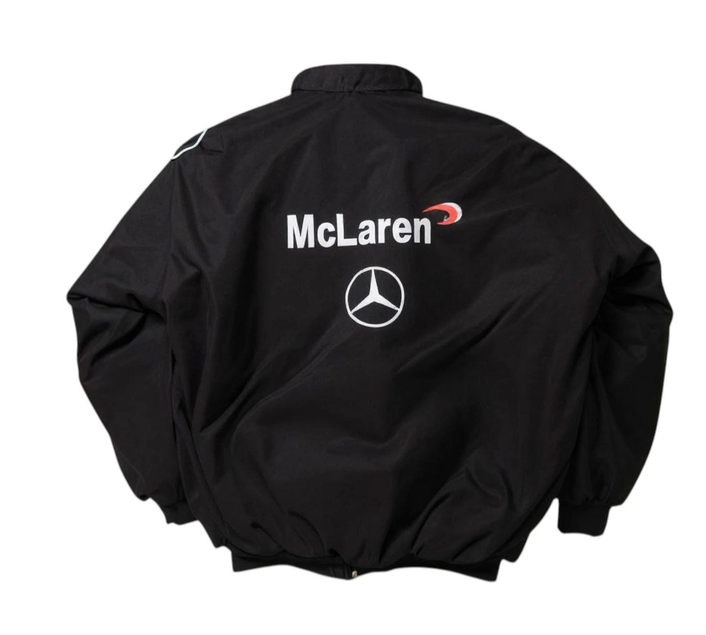Black jacket with McLaren and Mercedes-Benz logos on a white background