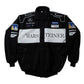 Black racing jacket with various logos and text on a white background