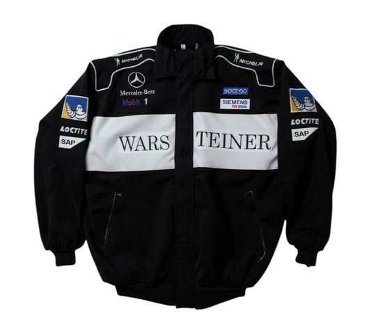 Black racing jacket with various logos and text on a white background
