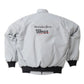 Gray bomber jacket with Mercedes-Benz and West logos on a white background