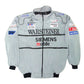 Gray racing jacket with various sponsor logos on a white background
