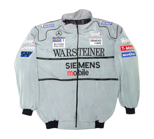Gray racing jacket with various sponsor logos on a white background