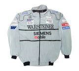Gray racing jacket with various sponsor logos on a white background