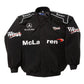 Black jacket with various logos on a white background
