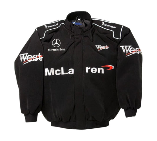 Black jacket with various logos on a white background