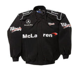 Black jacket with various logos on a white background