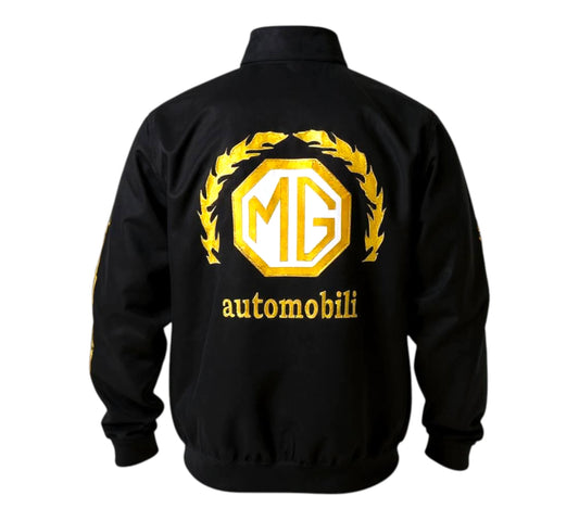 Black jacket with yellow MG Automobili logo on a white background