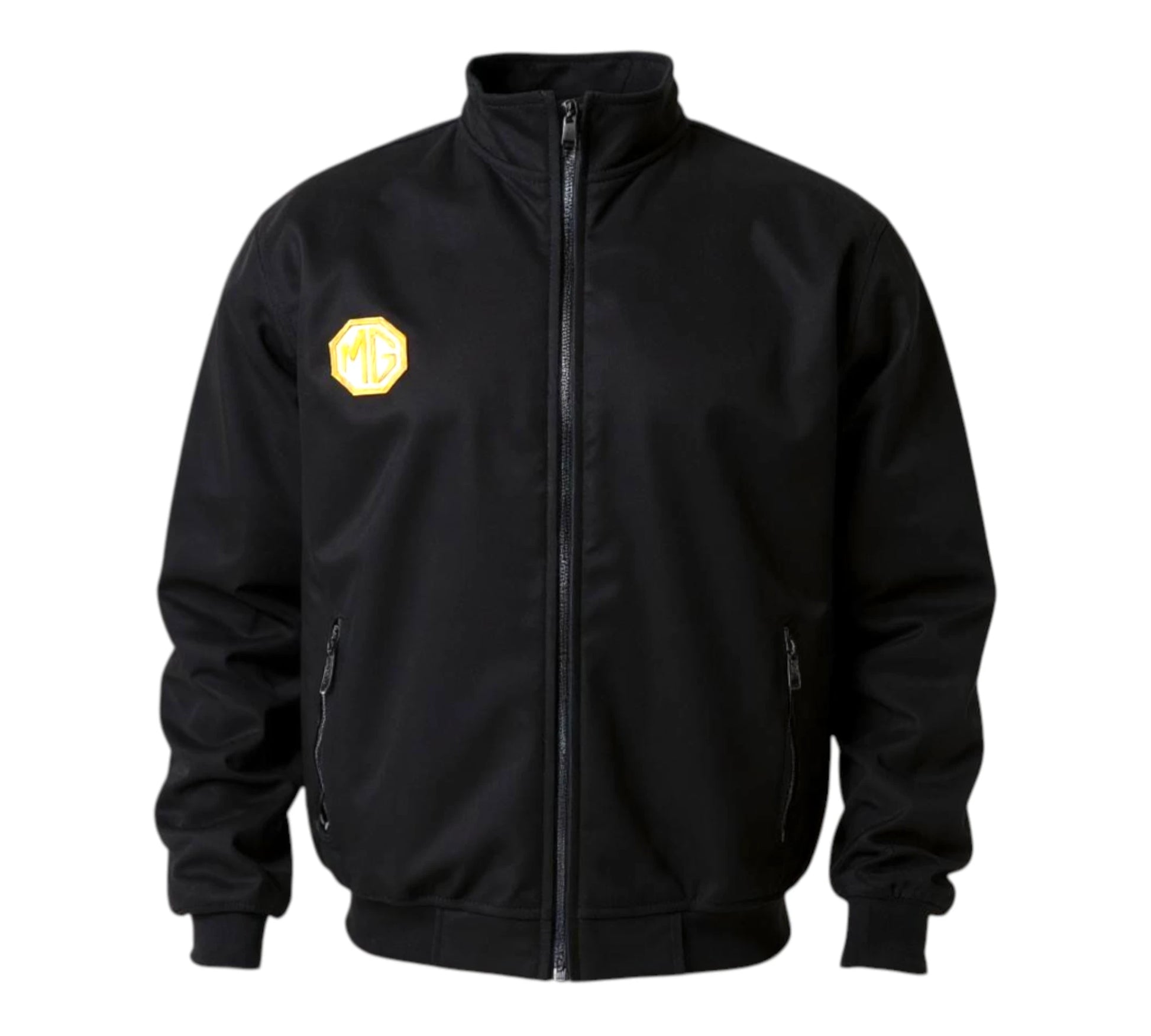 Black jacket with a yellow emblem on the chest against a white background