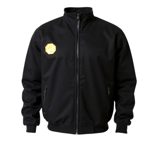 Black jacket with a yellow emblem on the chest against a white background