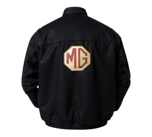 Black jacket with MG logo on the back against a white background