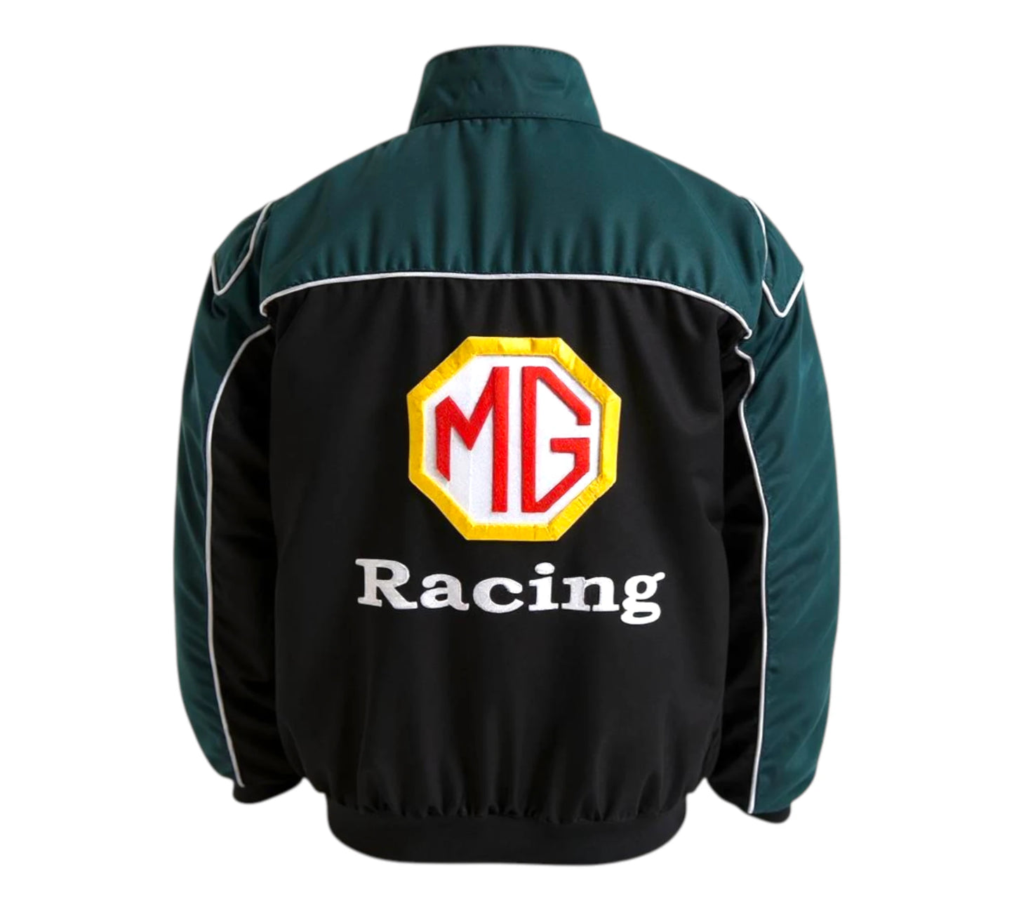 Green and black jacket with MG Racing logo on a white background