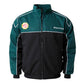 Green and black racing jacket with MG logo on a white background