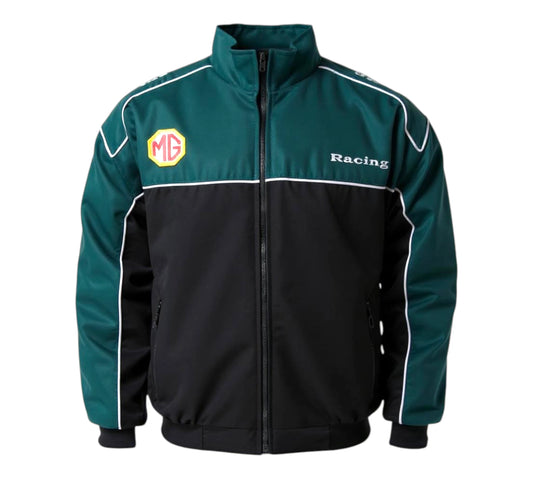 Green and black racing jacket with MG logo on a white background