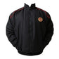 Black jacket with red accents and a logo on the chest against a white background