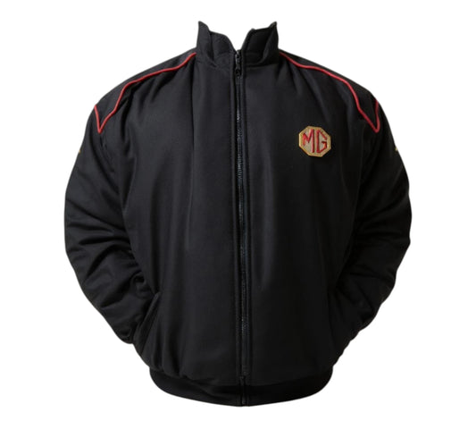 Black jacket with red accents and a logo on the chest against a white background