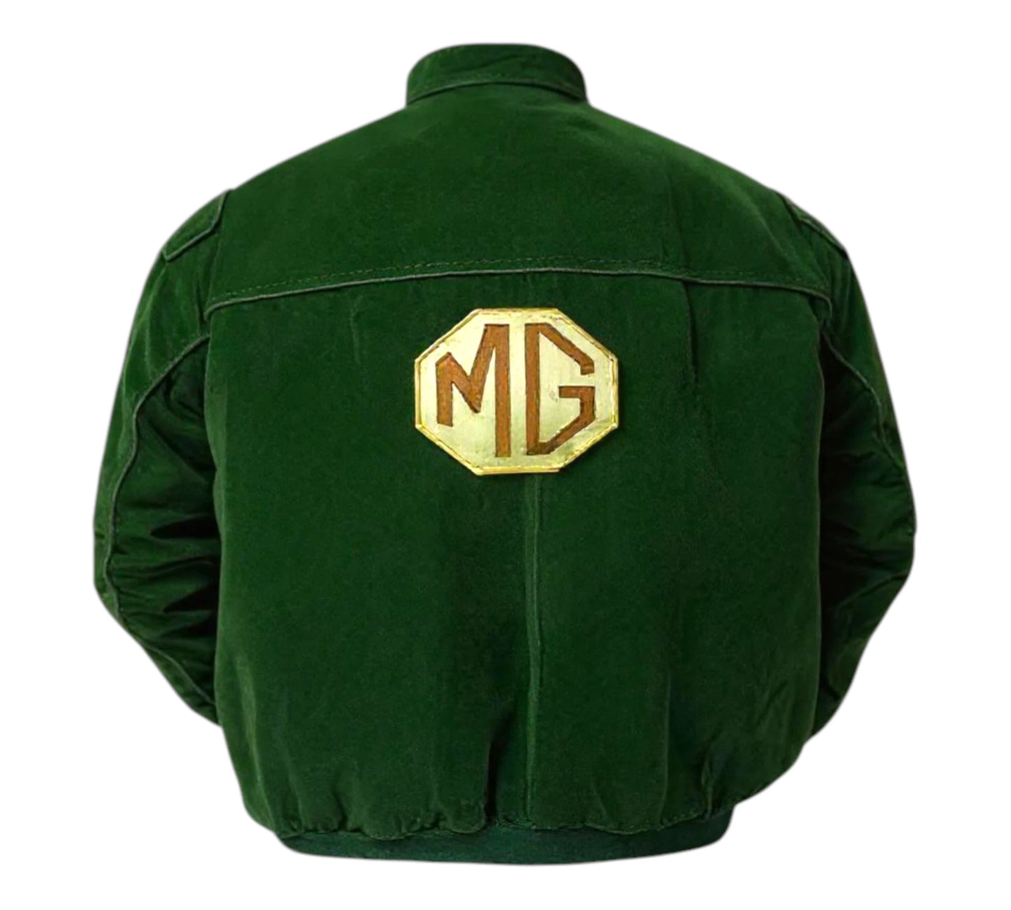 Green jacket with MG logo on the back against a white background