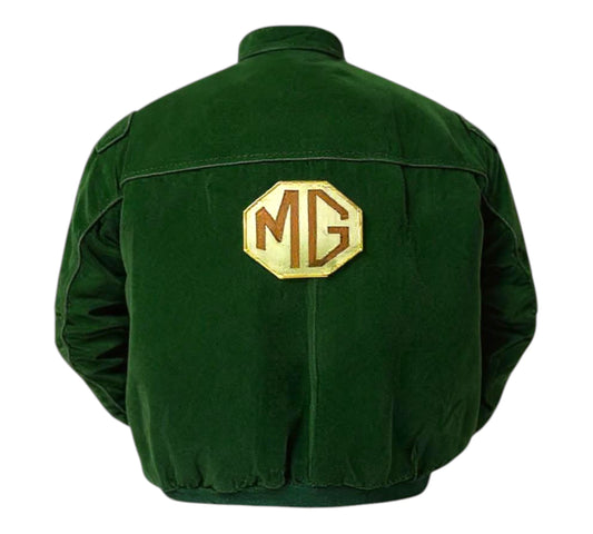 Green jacket with MG logo on the back against a white background