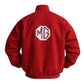 Red jacket with MG logo on the back against a white background