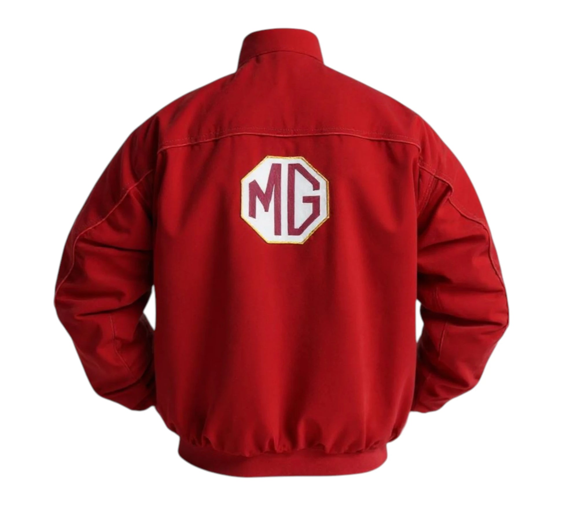 Red jacket with MG logo on the back against a white background