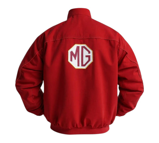 Red jacket with MG logo on the back against a white background