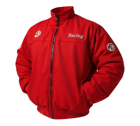 Red racing jacket with MG logos on a white background
