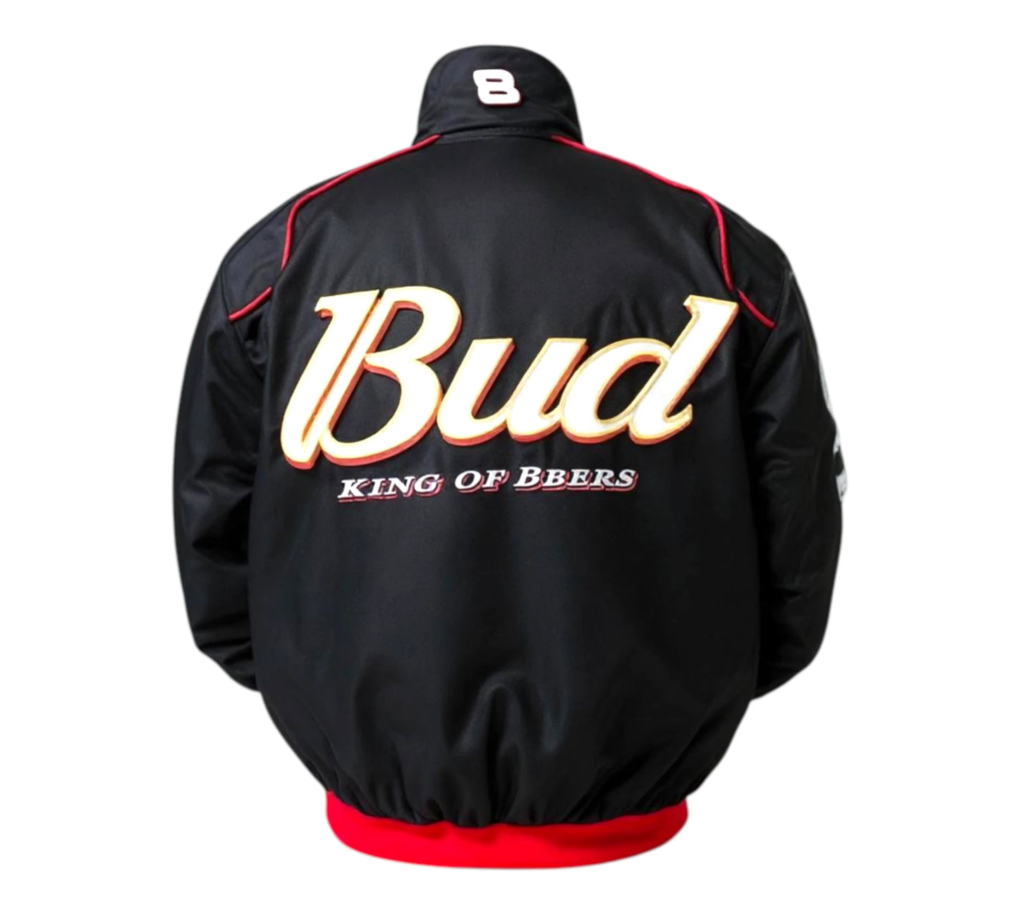 Black jacket with 'Bud King of Bbers' text on a white background