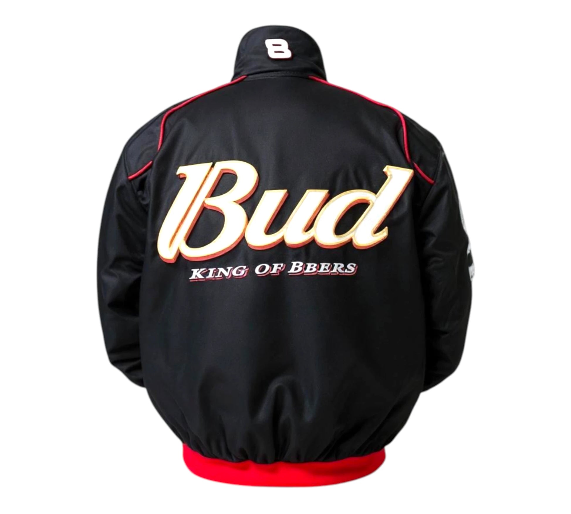 Black jacket with 'Bud King of Bbers' text on a white background