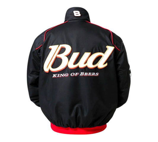 Black jacket with 'Bud King of Bbers' text on a white background