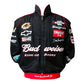 Black jacket with various sponsor logos on a white background