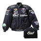 Black racing jacket with various logos on a white background