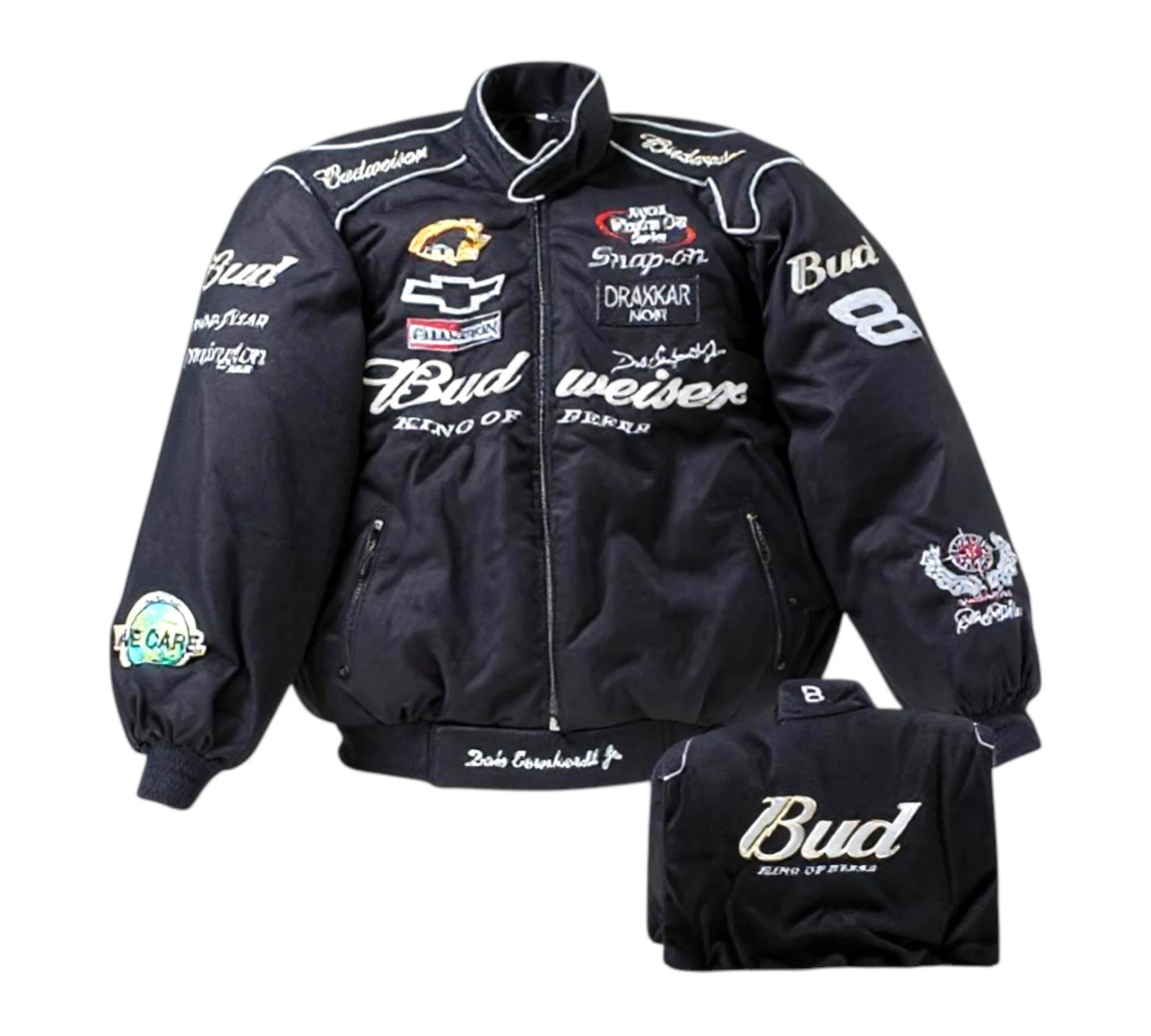 Black racing jacket with various logos on a white background