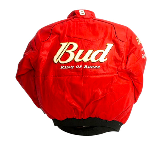 Red jacket with 'Bud King of Beers' text on a white background
