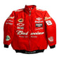 Red racing jacket with various sponsor logos on a white background
