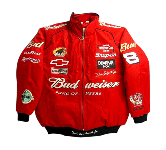 Red racing jacket with various sponsor logos on a white background