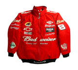 Red racing jacket with various sponsor logos on a white background